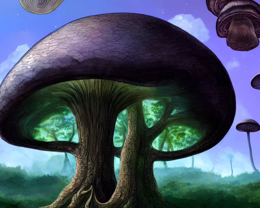 Fantastical Landscape with Oversized Mushroom Trees at Twilight