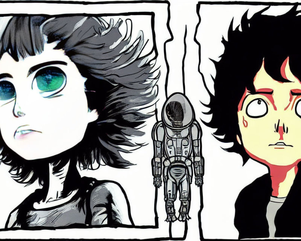 Comic-style panels: Female & male characters with surprised expressions, astronaut in background