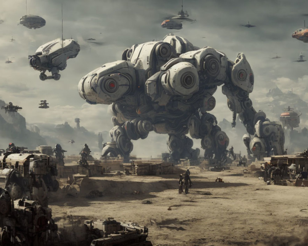Sci-fi battlefield with robotic walkers and hovering ships on dusty terrain