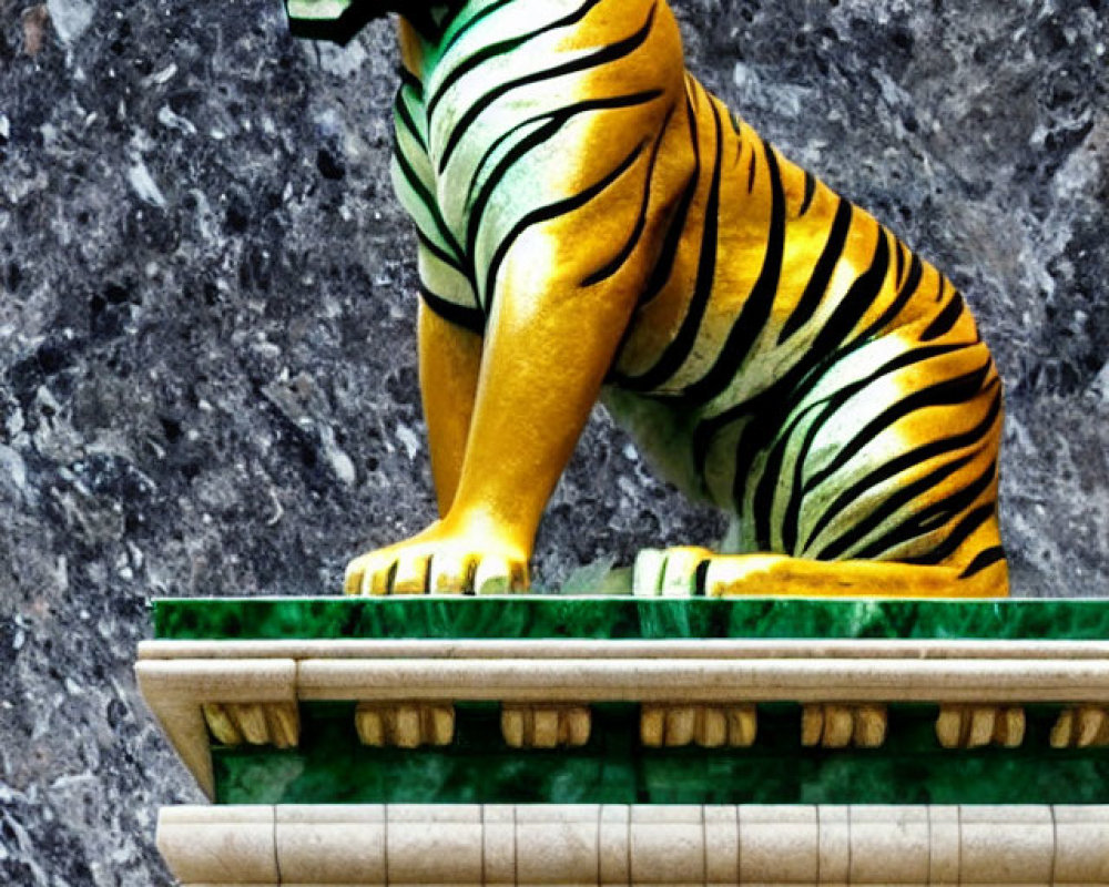 Colorful Tiger Statue Seated on Green Podium on Marble Background