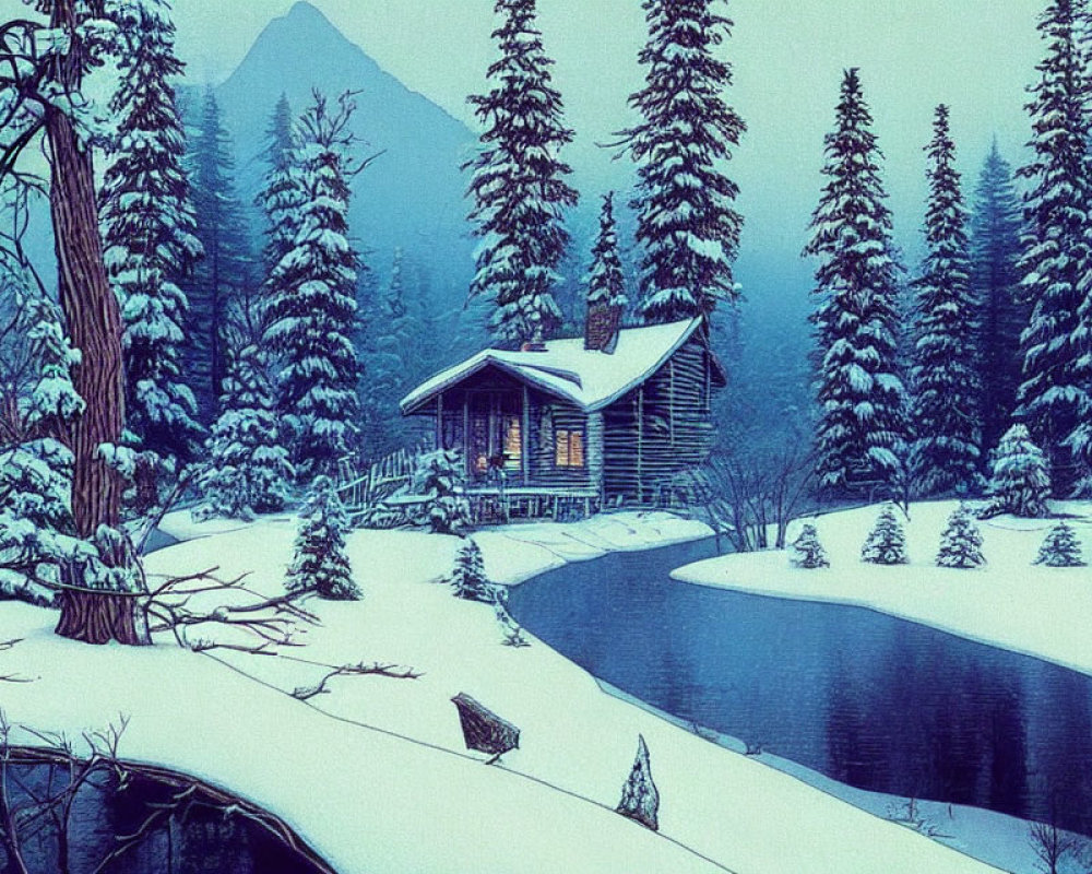 Snow-covered lake cabin nestled among pine trees
