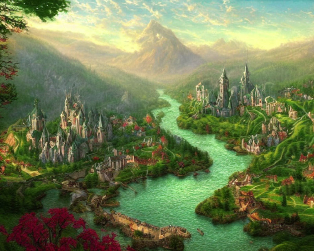 Lush Valley with River, Castles, and Flora Amid Mountains