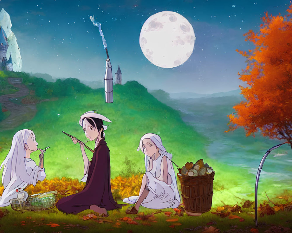 Three people having a nighttime picnic under a large moon in a fantasy landscape.