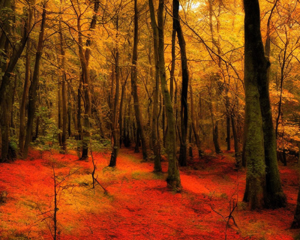 Scenic Autumn Forest with Red Leaves and Golden Canopy