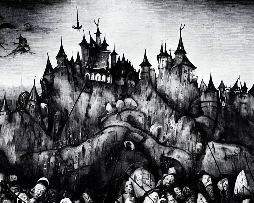 Monochromatic gothic fortress illustration with flying creatures and armored figures