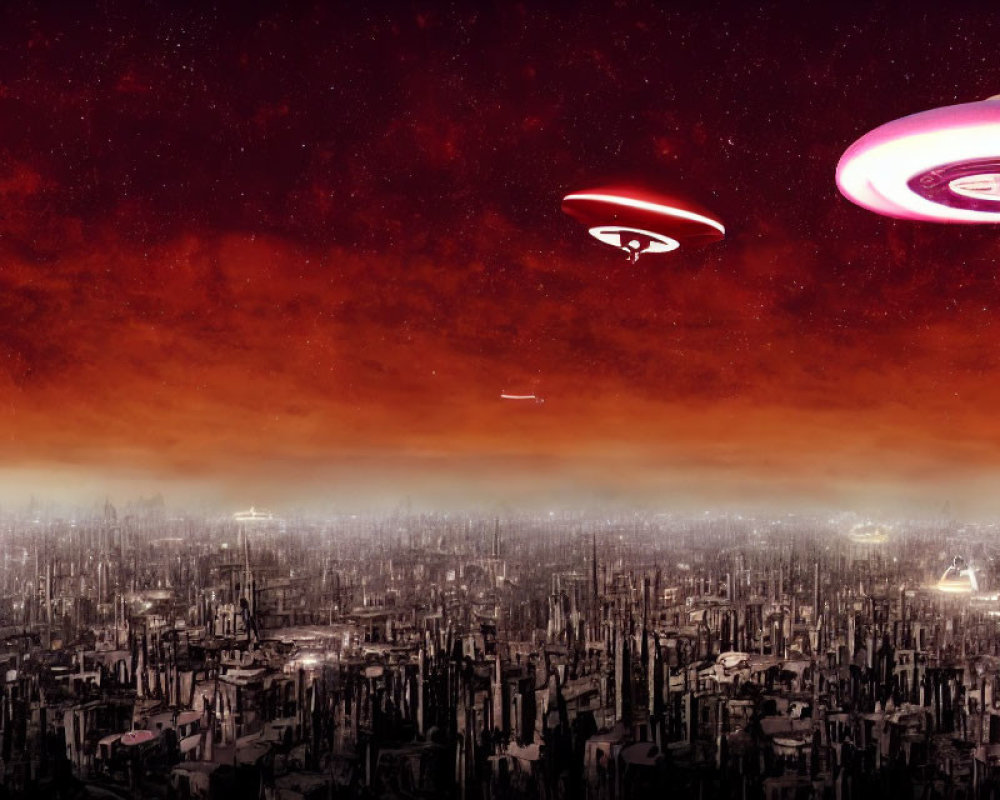 Futuristic cityscape with flying saucers under starry sky