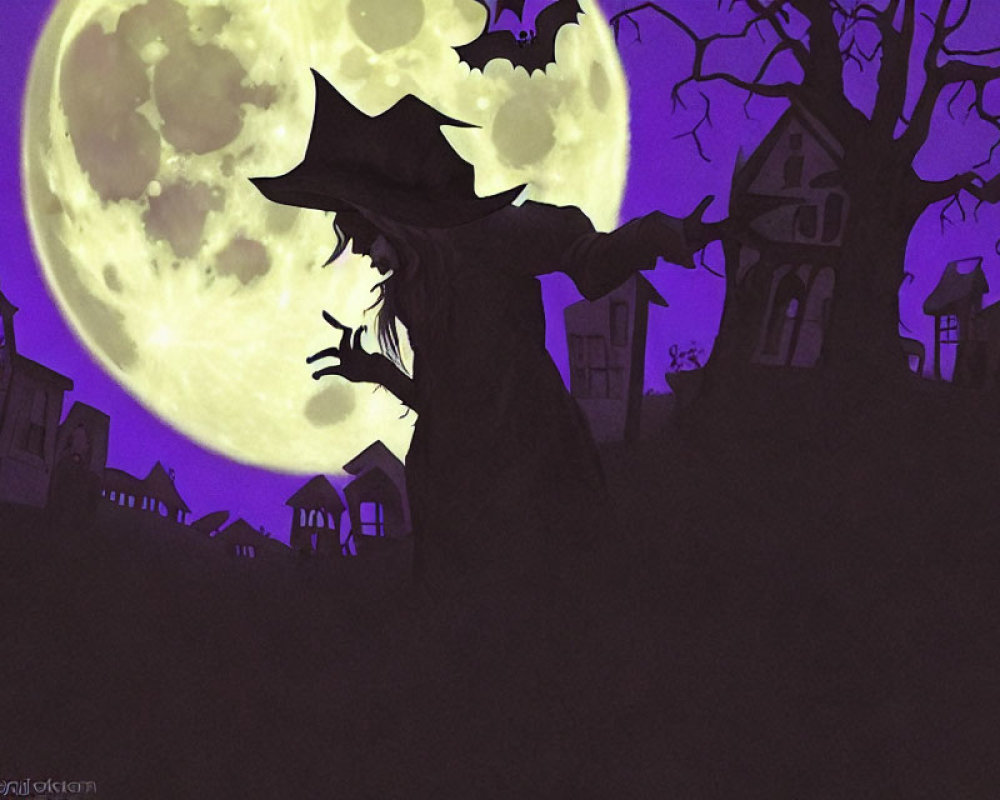 Silhouetted witch casting spell under full moon with haunted house and eerie sky