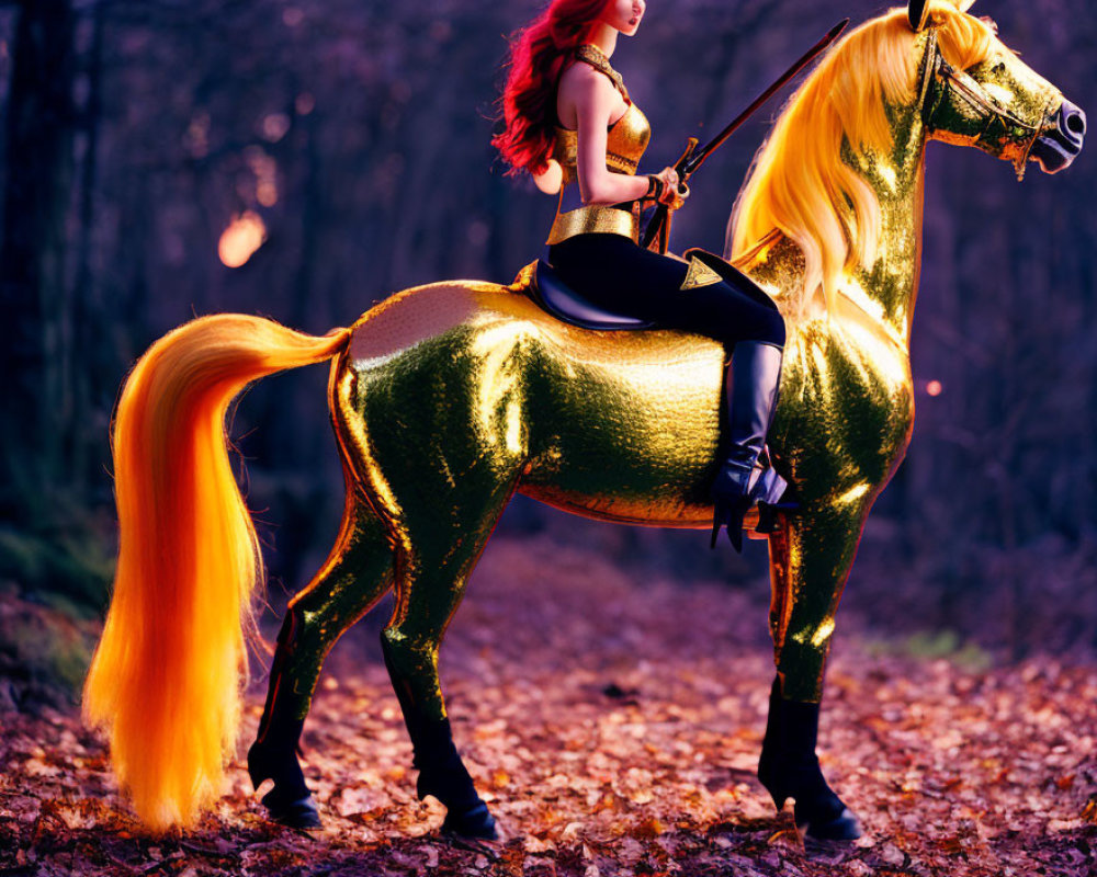 Vibrant red-haired woman on gold-coated horse in woodland trail at dusk