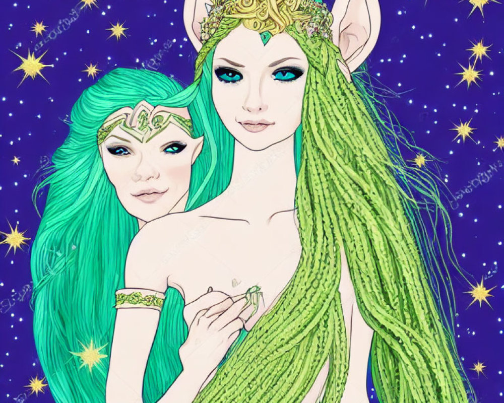 Illustrated elf-like characters with green hair and tiaras on starry backdrop