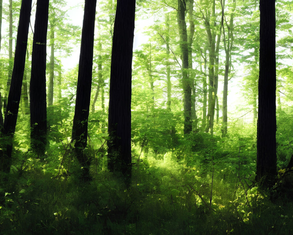 Vibrant green forest with sunlight filtering through