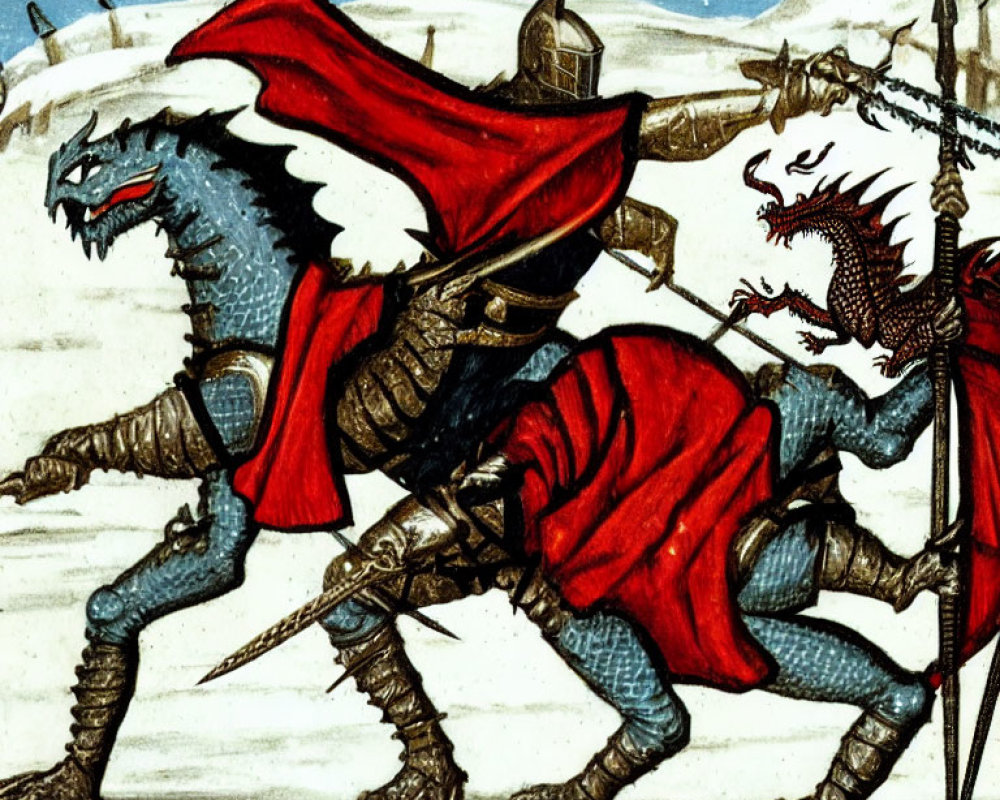 Armored knight on blue dragon fights red dragon with rider.