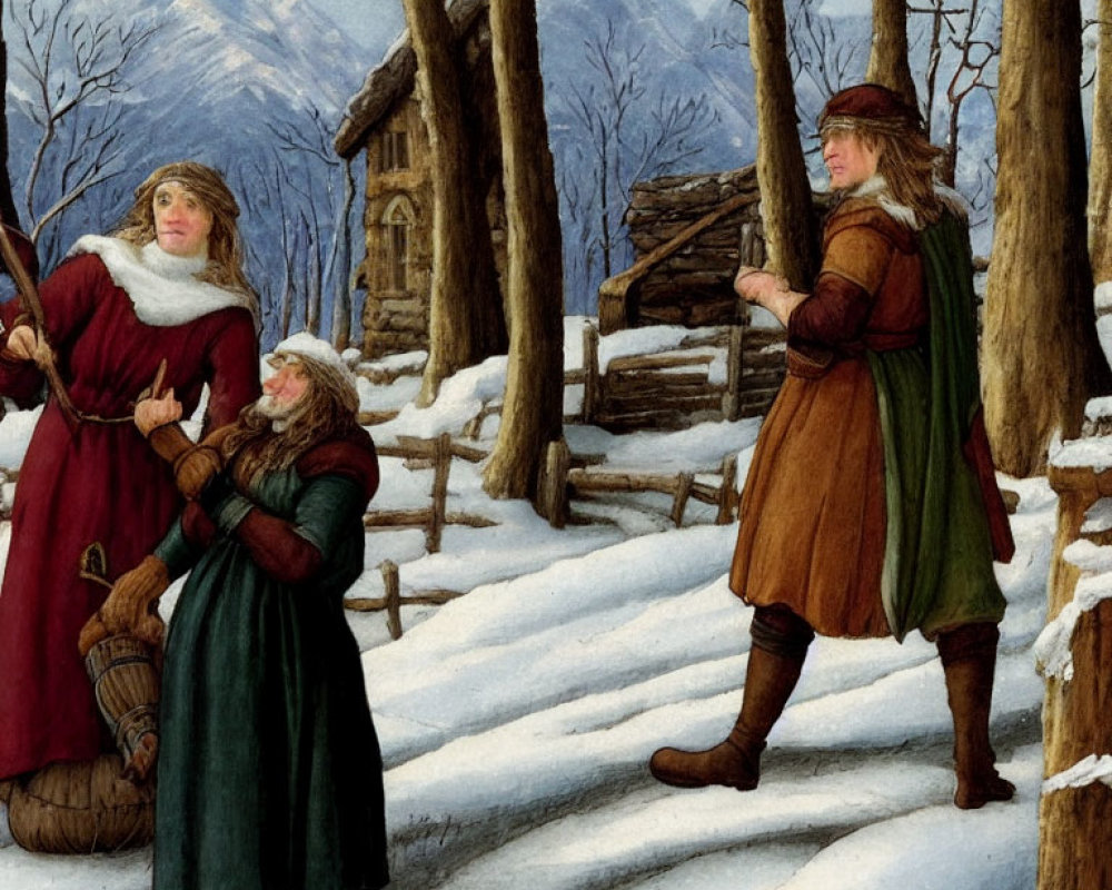 Medieval figures in snowy landscape with woman, child, and man in cabin setting
