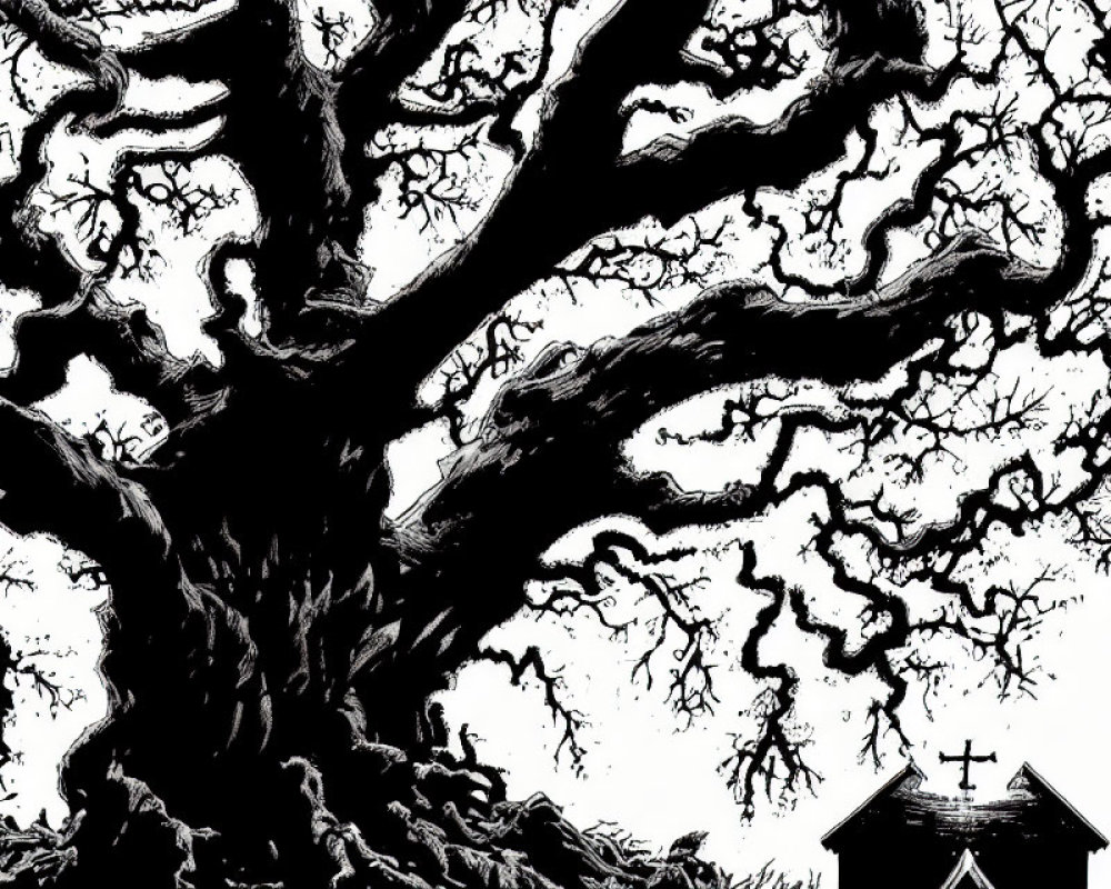 Detailed black-and-white illustration of massive tree and small church