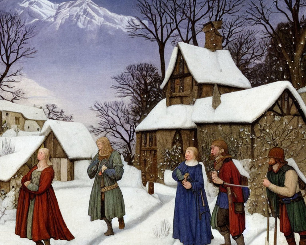 Medieval winter village scene with snowy mountains and period clothing