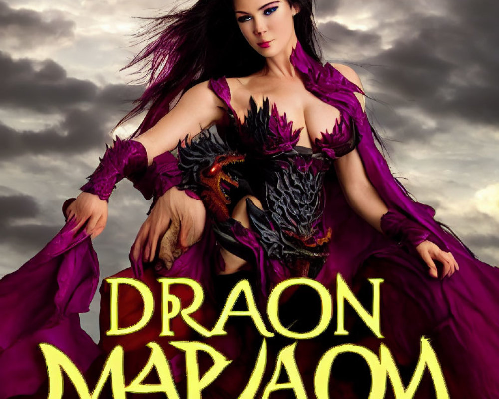 Woman in purple fantasy costume with dragon elements poses against stormy sky