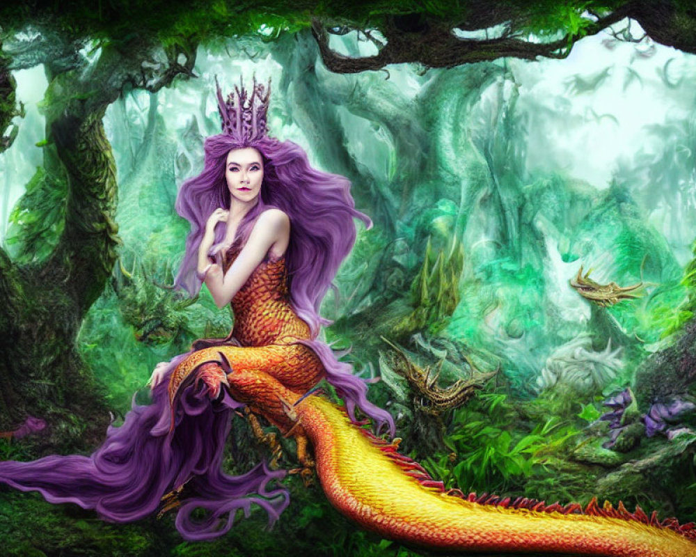 Fantasy illustration of purple-haired mermaid on rock in misty forest