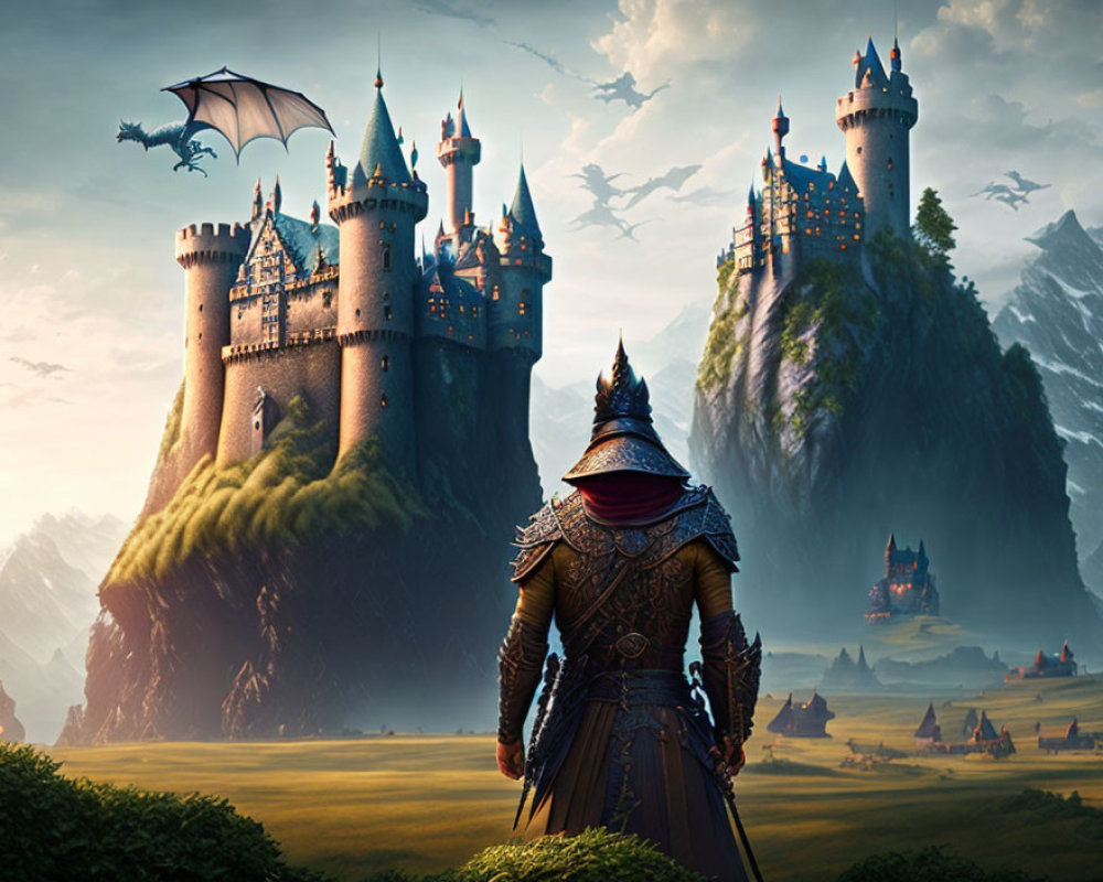 Knight in armor in fantastical landscape with castles, dragon, and sky