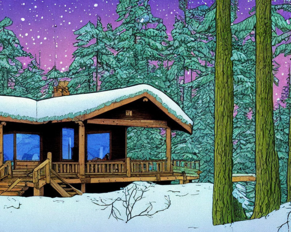 Cozy cabin in snowy forest under starlit sky