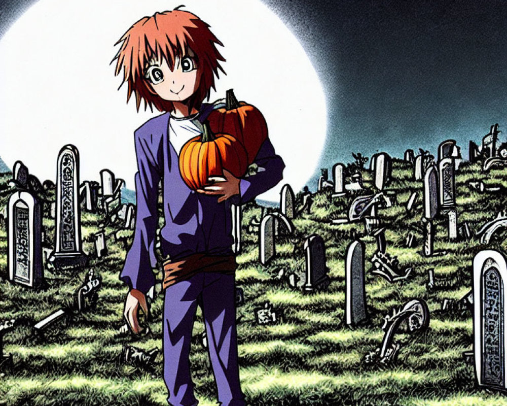 Anime character with orange hair holding a pumpkin in moonlit graveyard