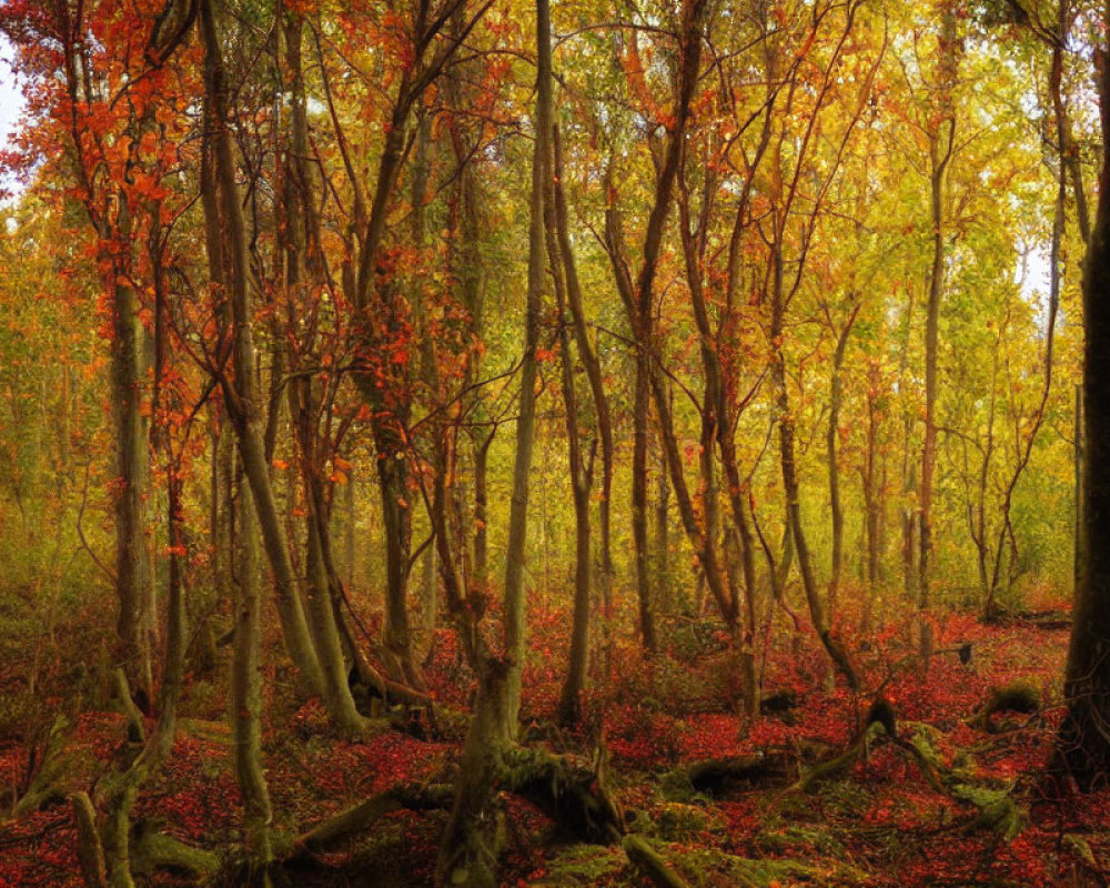Tranquil autumn forest with sunlight filtering through red, orange, and green leaves