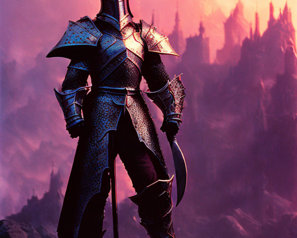 Knight in ornate armor on rock with crimson sky and castle silhouette