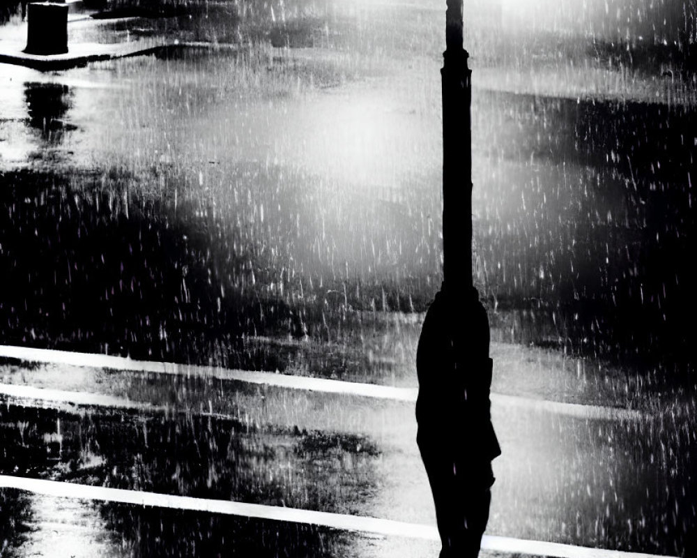 Rainy night scene: Street lamps light up wet pavement in darkness