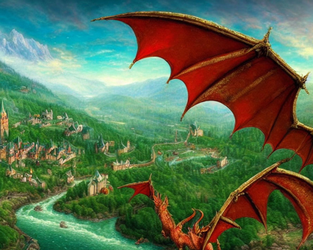 Dragons flying over a green valley with castles, rivers, and forests against mountains