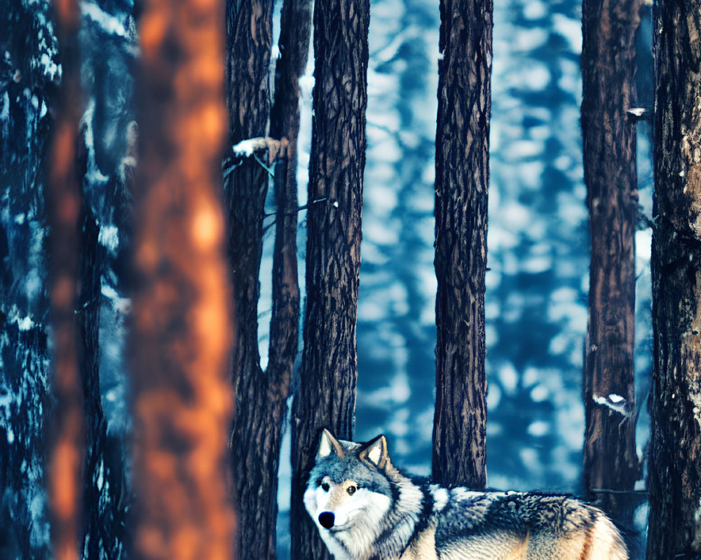 Solitary wolf in snowy forest landscape with dark trees and serene winter ambiance