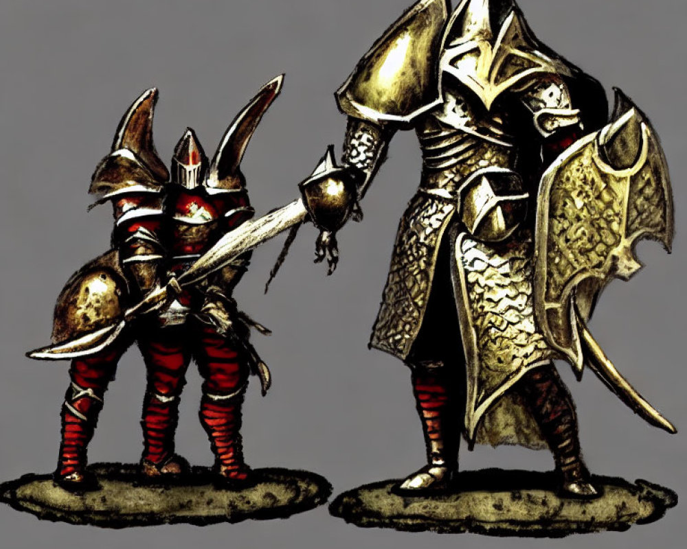 Medieval knights in ornate red and black, silver and gold armor in friendly gesture or duel.