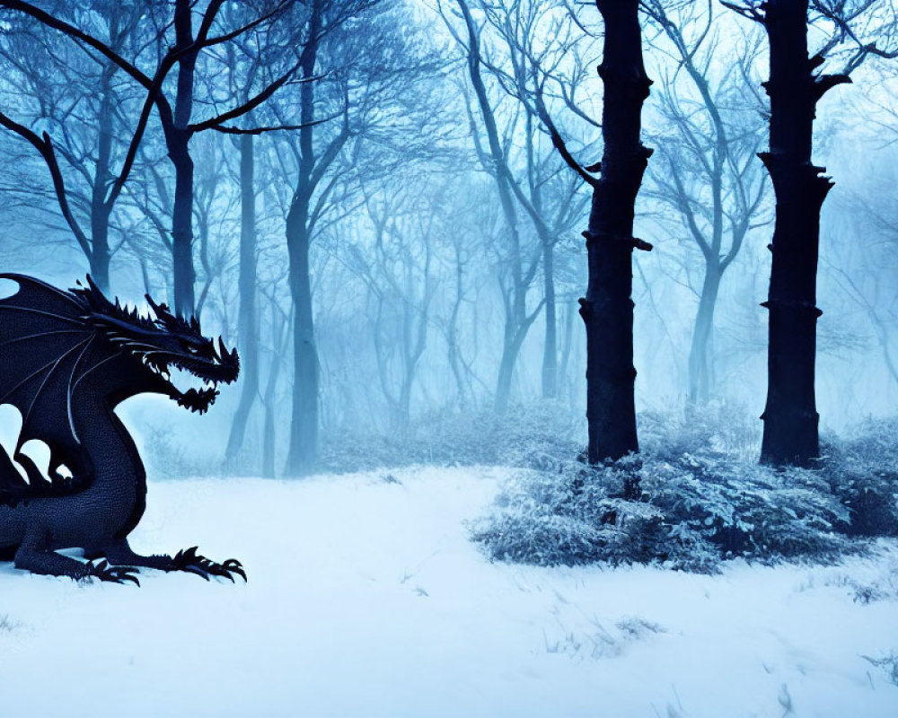 Black Dragon in Snowy Forest with Fog and Bare Trees