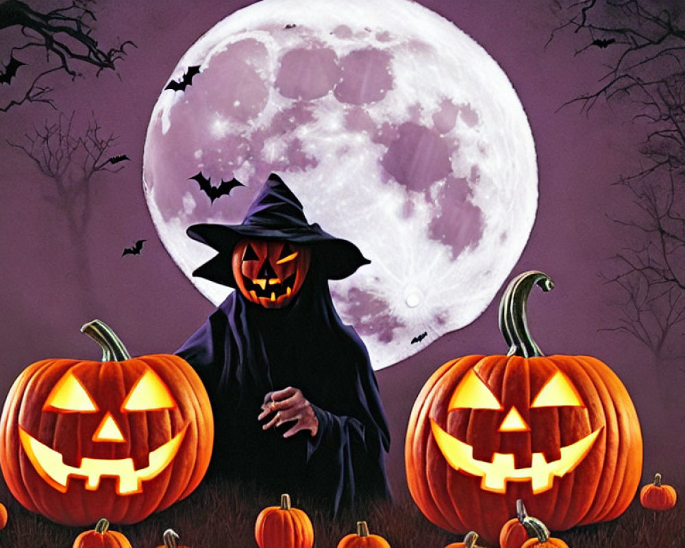 Jack-o'-lantern figure in black cloak and witch hat surrounded by carved pumpkins, bats,