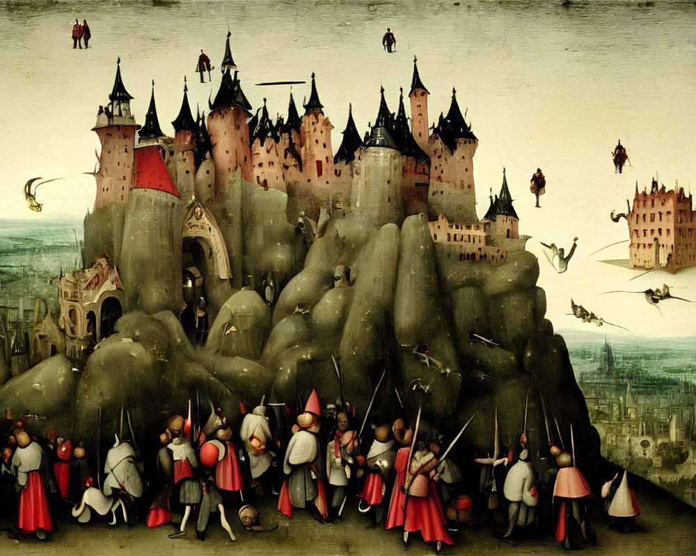Medieval-style painting: Castle on hill, knights, flying machines
