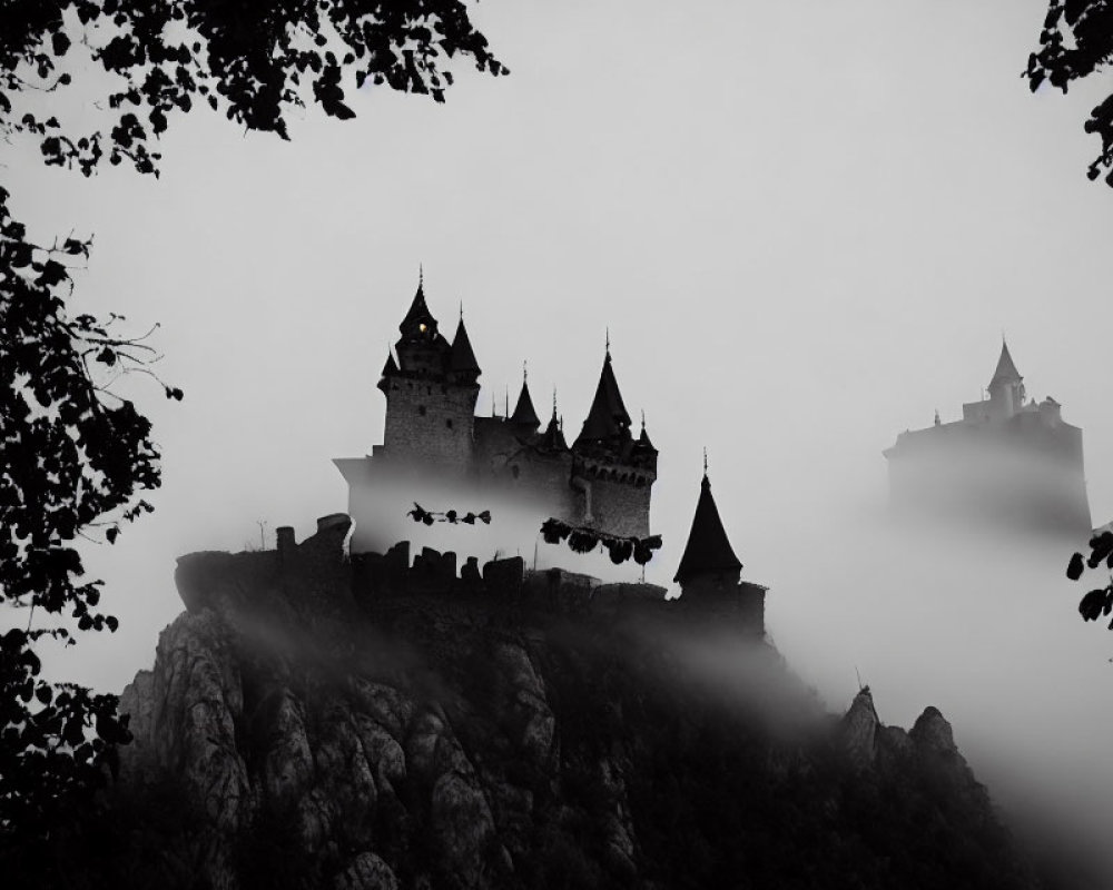 Silhouette of medieval castle on rocky cliff with mist and tree branches.