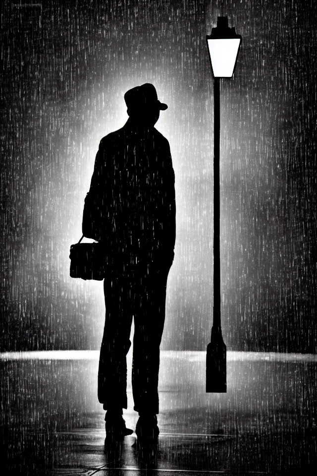 Person with briefcase in rain under streetlamp at night.