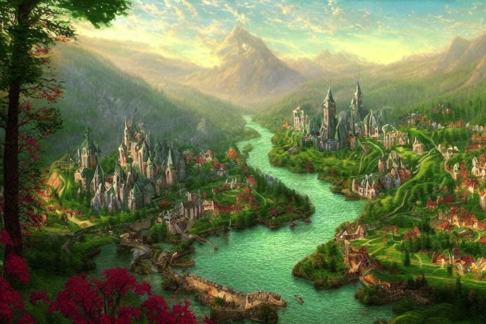 Lush Valley with River, Castles, and Flora Amid Mountains