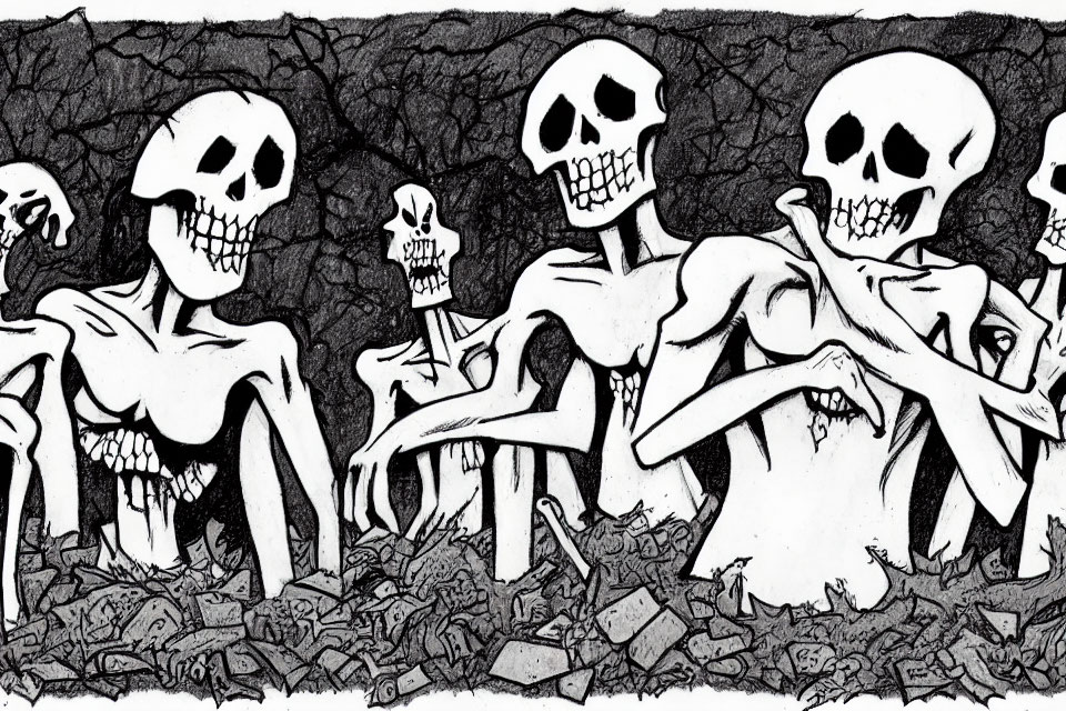 Monochrome skeleton illustration with varied expressions amid bones