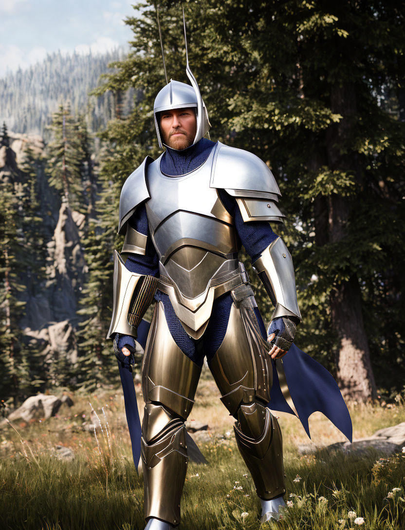 Knight in Shining Armor with Sword and Helmet in Forest Clearing