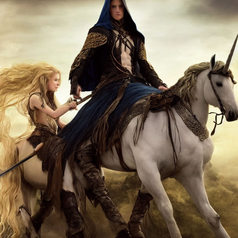 Male warrior and female with blonde hair on unicorns in dramatic cloudy sky