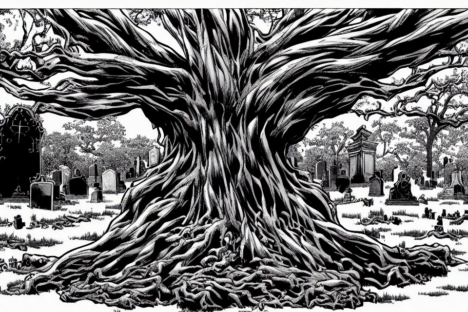 Gnarled tree in cemetery with tombstones and mausoleums