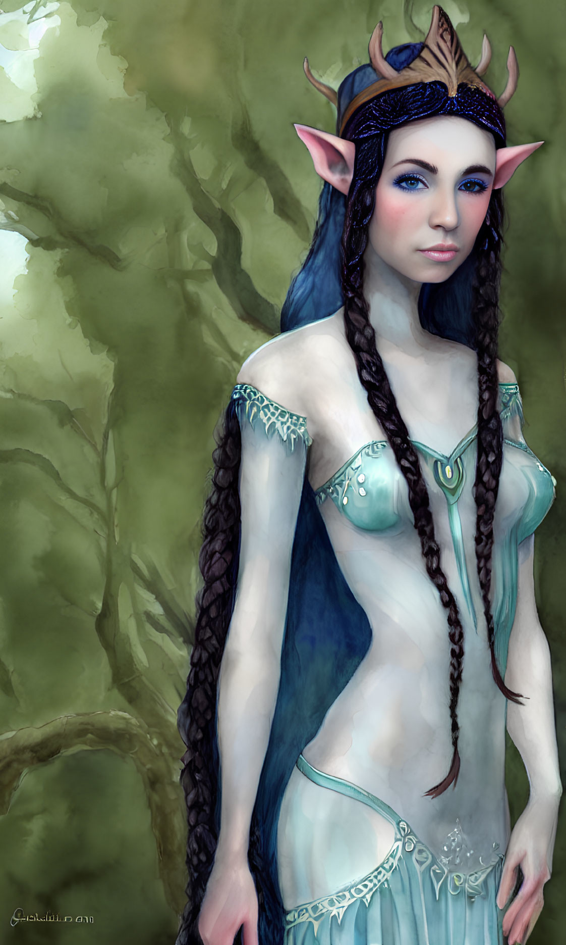 Fantasy Art: Female Elf with Blue Hair and Antlers in Green Outfit