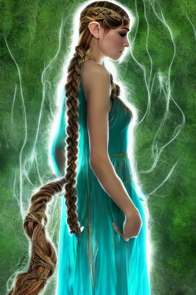Digital artwork of woman in teal dress with braided hair and leaf crown in mystical green setting