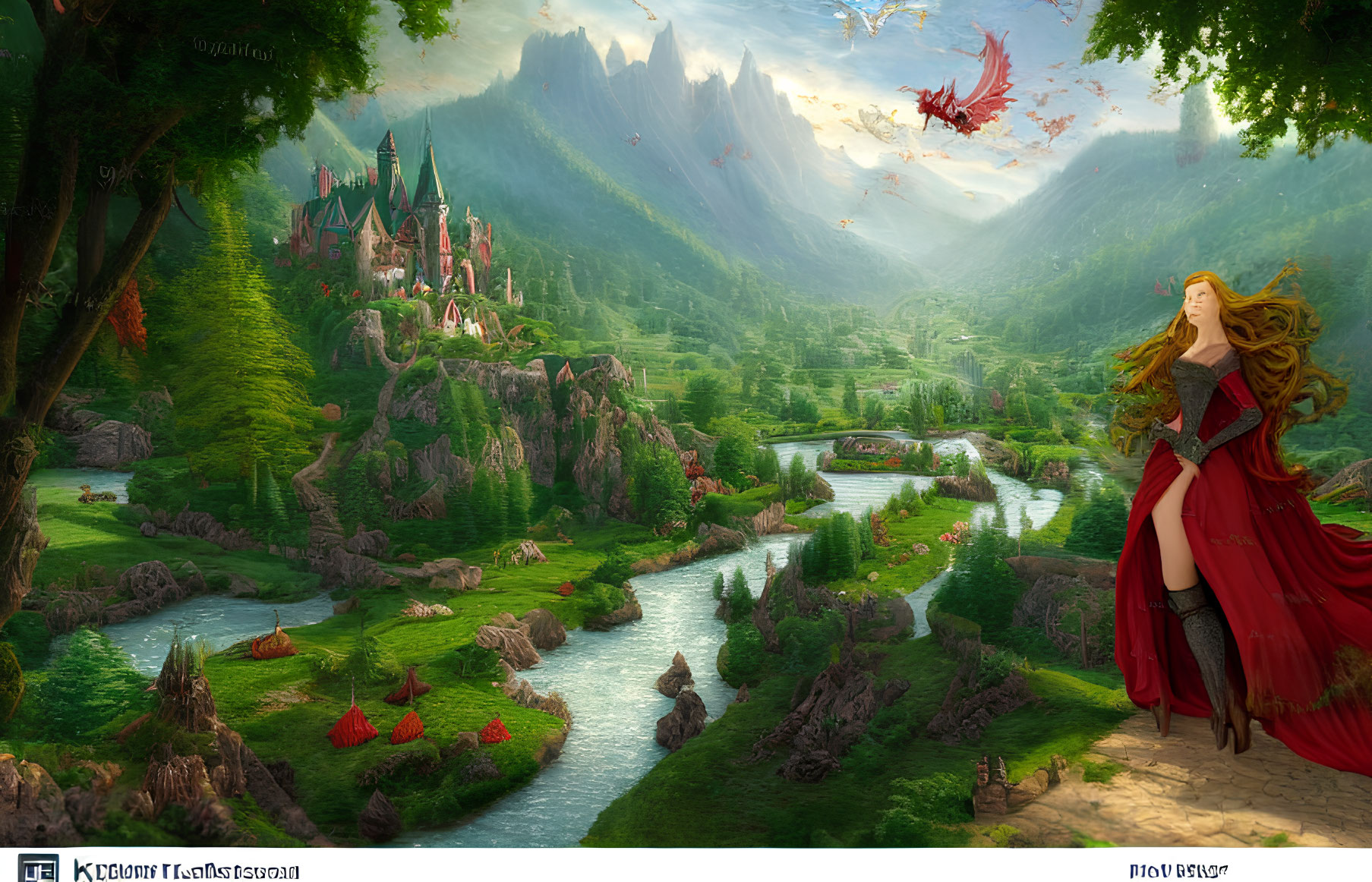 Fantasy landscape with castle, mountains, woman in red cloak, and dragons.
