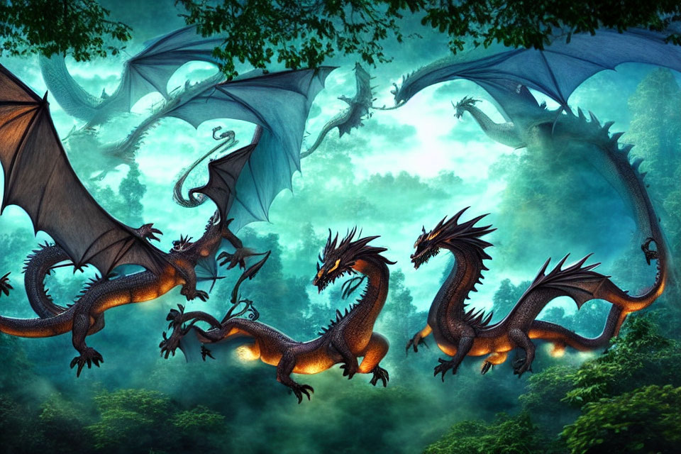 Majestic orange-scaled dragons with blue wings in misty forest