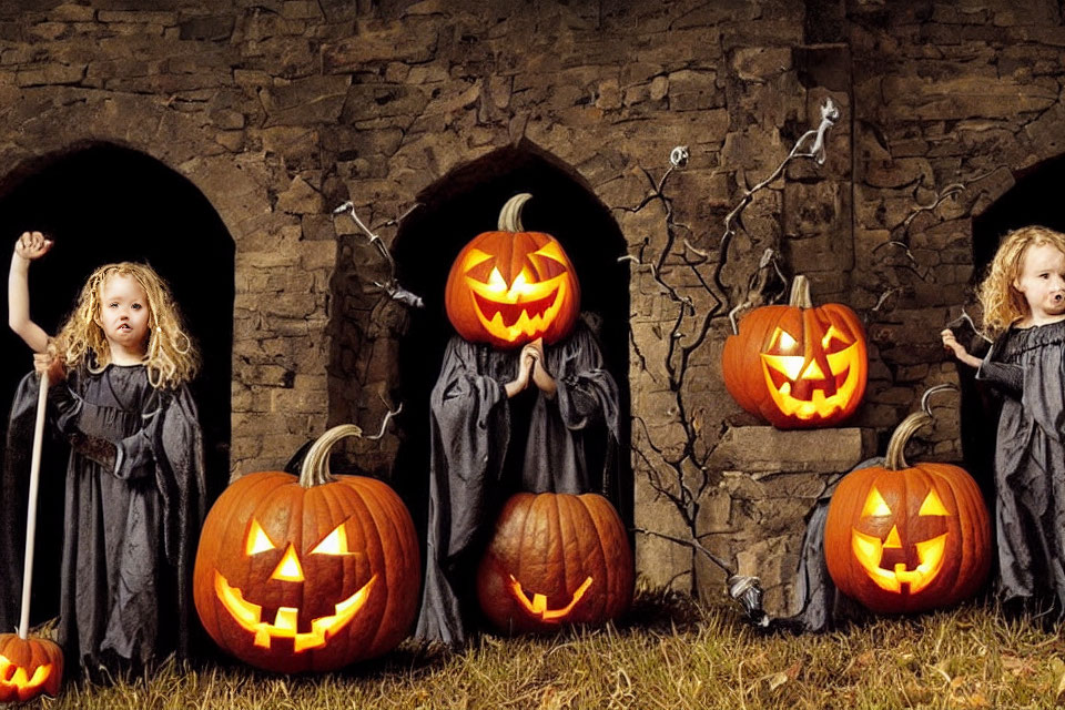 Children in Halloween costumes with jack-o'-lanterns pose in front of stone structure