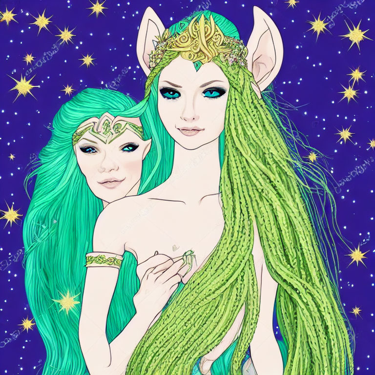 Illustrated elf-like characters with green hair and tiaras on starry backdrop