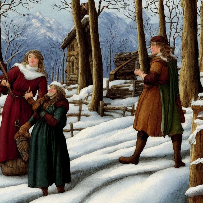 Medieval figures in snowy landscape with woman, child, and man in cabin setting