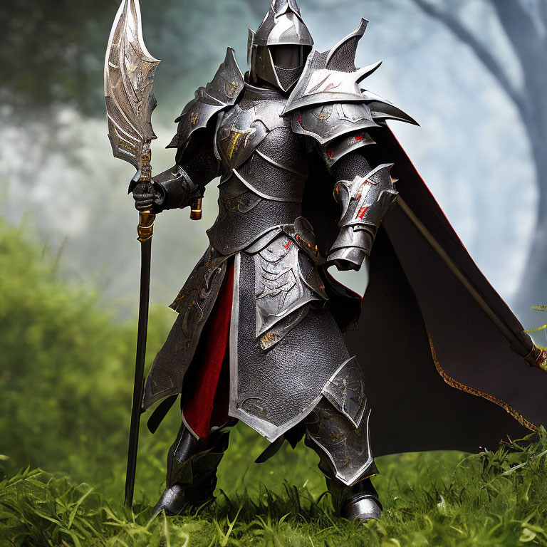 Knight in full plate armor with spear in verdant forest near glowing portal