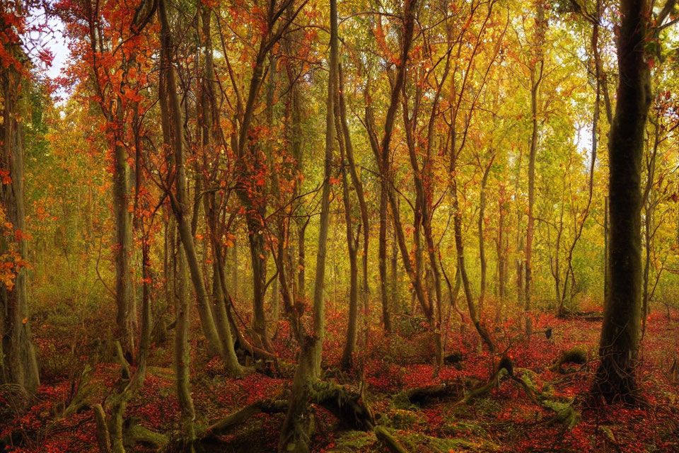 Tranquil autumn forest with sunlight filtering through red, orange, and green leaves