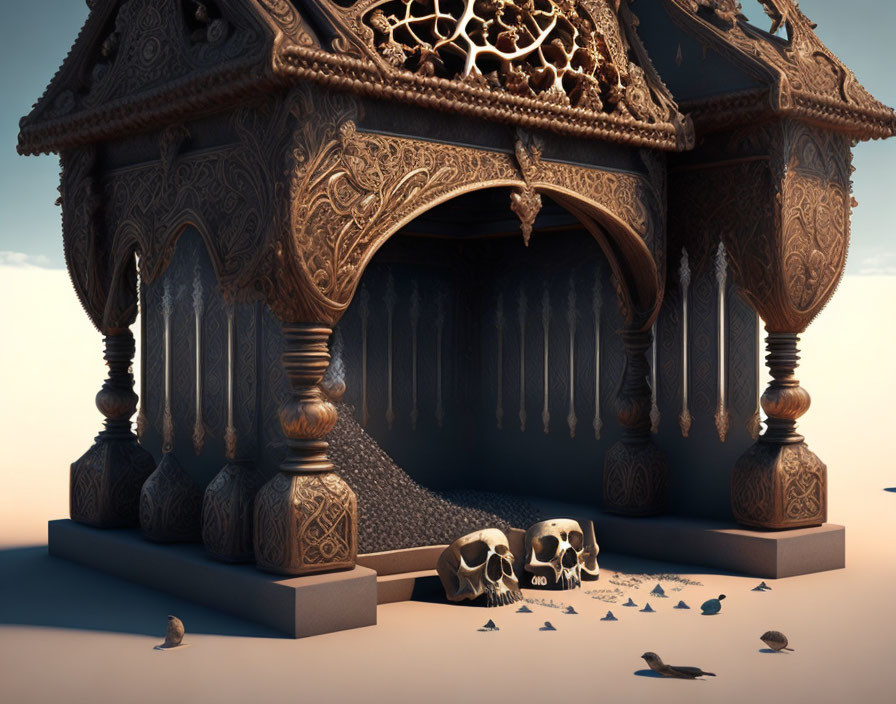 Ancient pavilion with intricate carvings and skulls under soft light