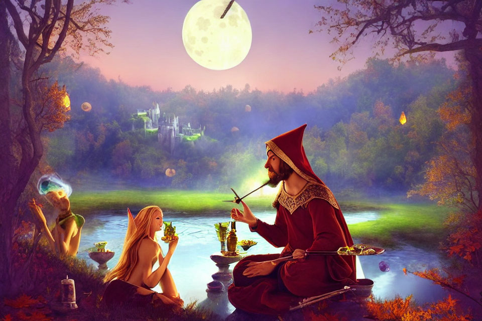 Wizard and fairy near serene lake under full moon by enchanting castle